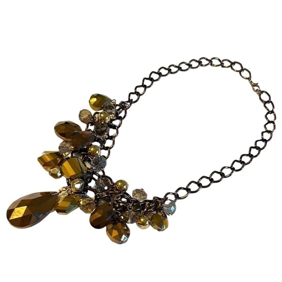 Antique Bronze Chain Necklace With Amber Colored Faceted Beads - Picture 3 of 5